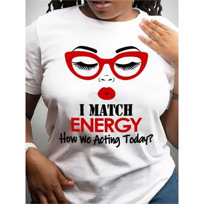 Europäische Größe Lustiges T-Shirt mit Grafik "I Match Energy" - Weißes Rundhals-T-Shirt mit Design aus roten Lippen und Brille - Leichtes Alltags-Freizeithemd