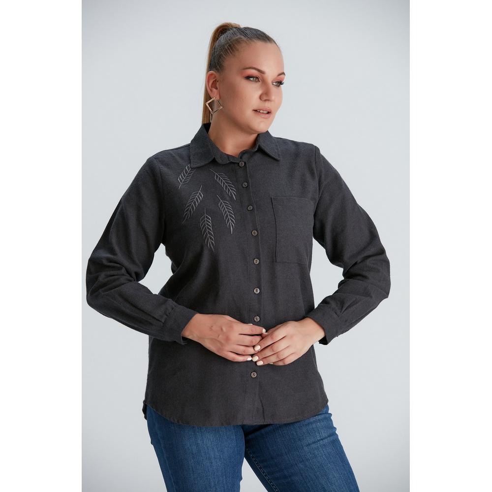 Fierte Women's Plus Size Shirt RG5051 Button Closure Embroidery Detail