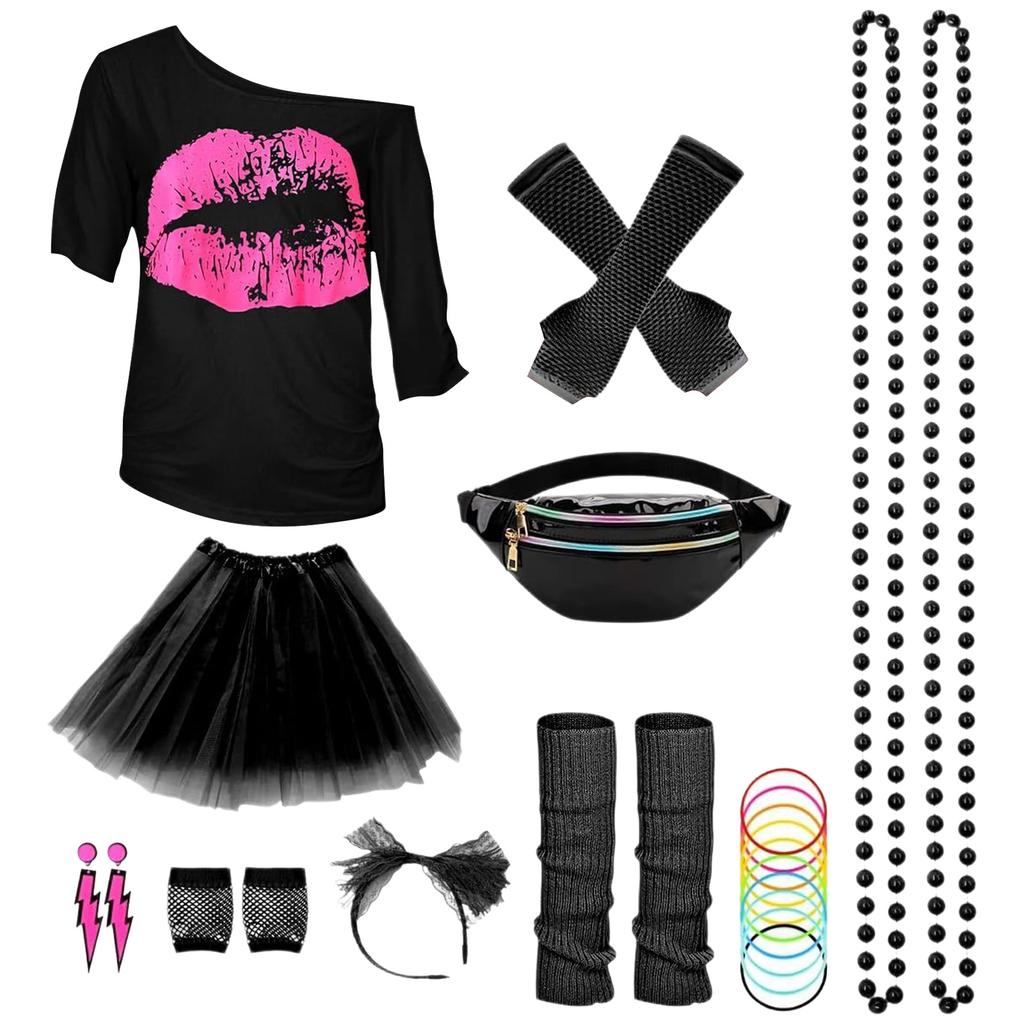 80er Jahre Outfit Damen Set, T-Shirt, Bauchtasche, Stirnband, Ohrring, Halskette, Netzstrickhandschuhe, 80er Jahre Kleidung Kostüm Neon Accessoires Mottoparty Kleidung