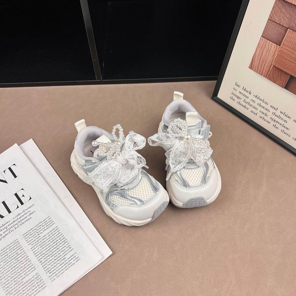 Girls' Lightweight Rhinestone Bow Sneakers - 2026 Spring/Autumn Fashion Sports Shoes