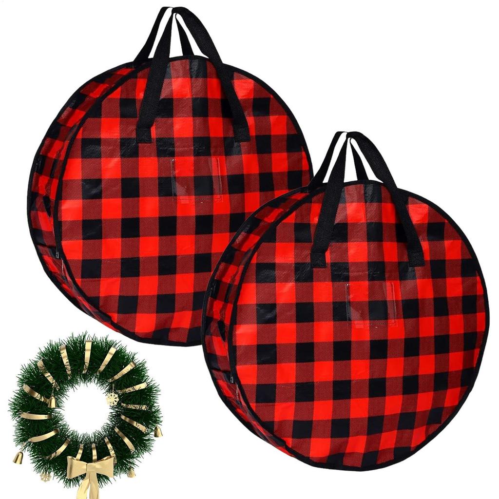 2pcs Christmas Wreath Storage Bag Plaid Holder Zippered Wreath Storage Box with Handle/ Holiday Garland Wreath Storage Container