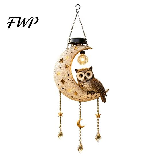 Crescent Moon Owl Solar Lanterns Owl/Cat Hanging Light, Outdoor Garden Wind Chime with LED Powered Lawn Decoration Lamps Waterproof Resin Decorative