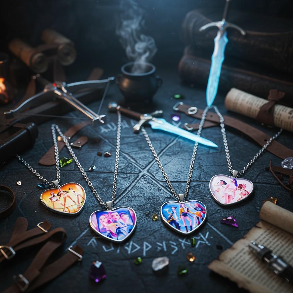 Popular Western Movies Kpop Demon Hunter,Witch Hunter Girl Squad Time Gem Heart Shaped Necklace Accessory