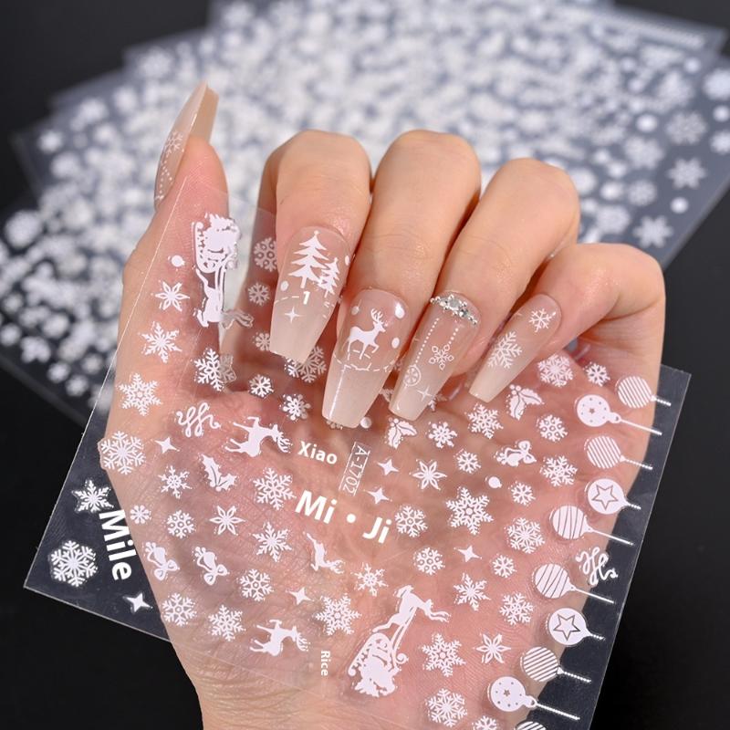 Winter Snowflake Christmas Nail Art Sticker White 3D Relief Adhesive Nail Art Decoration Sticker Nail Charm Manicure Decals