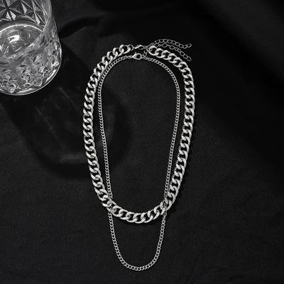 Ensemble Collier Combiné, Chaîne Cubaine Élégante et Simple Ensemble de 2 Pièces Empilés