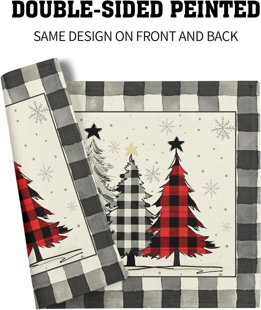 Waterclor Buffalo Plaid Christma Trees Linen Placemats Set of 6 18x12 Inch Xmas Winter Holiday Table Mat Wipeable Place Mat