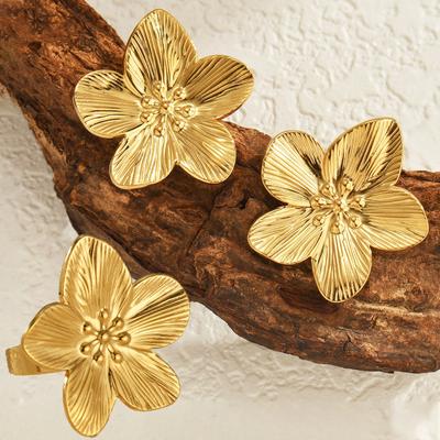 Trendiger Edelstahl Blume Stecker Ohrring Ring Anhänger 18K Vergoldet Hohe Qualität Statement Für Frauen Schmuckset Geschenke