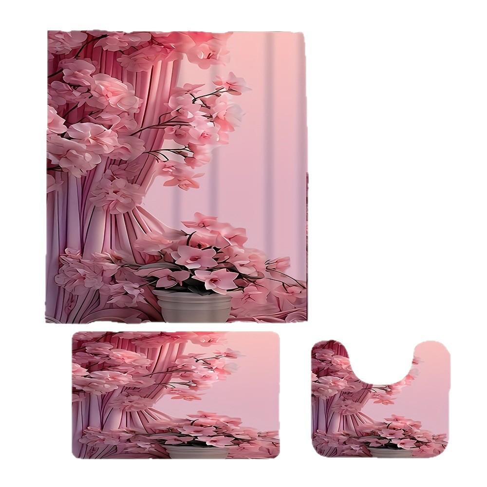 Tume Supply Bathroom Four-Piece Pink Flower Curtain Pattern Shower Curtain Floor Mat Toilet Mat Set