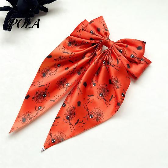 Ghost Hair Clip Halloween Silky Satin Bows for Women, Big Ribbon Bow Clips Girls, Long Streamer Oversized Tail Barrettes, Cute Bat Spider Web Pumpkin