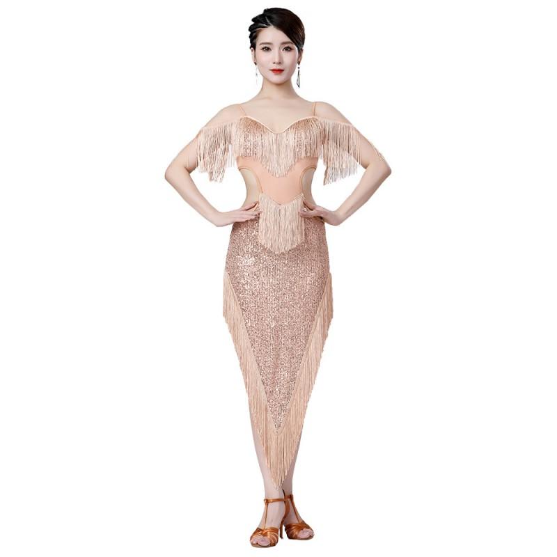 Sequined Fringe Latin Dance Skirt Women Performance Stage Wear Sexy Salsa Costume Irregular Hem