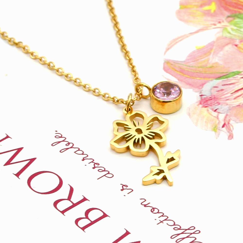 Birth Month Flower Pendant, Rose Flower Necklace Charms Set Stainless Steel