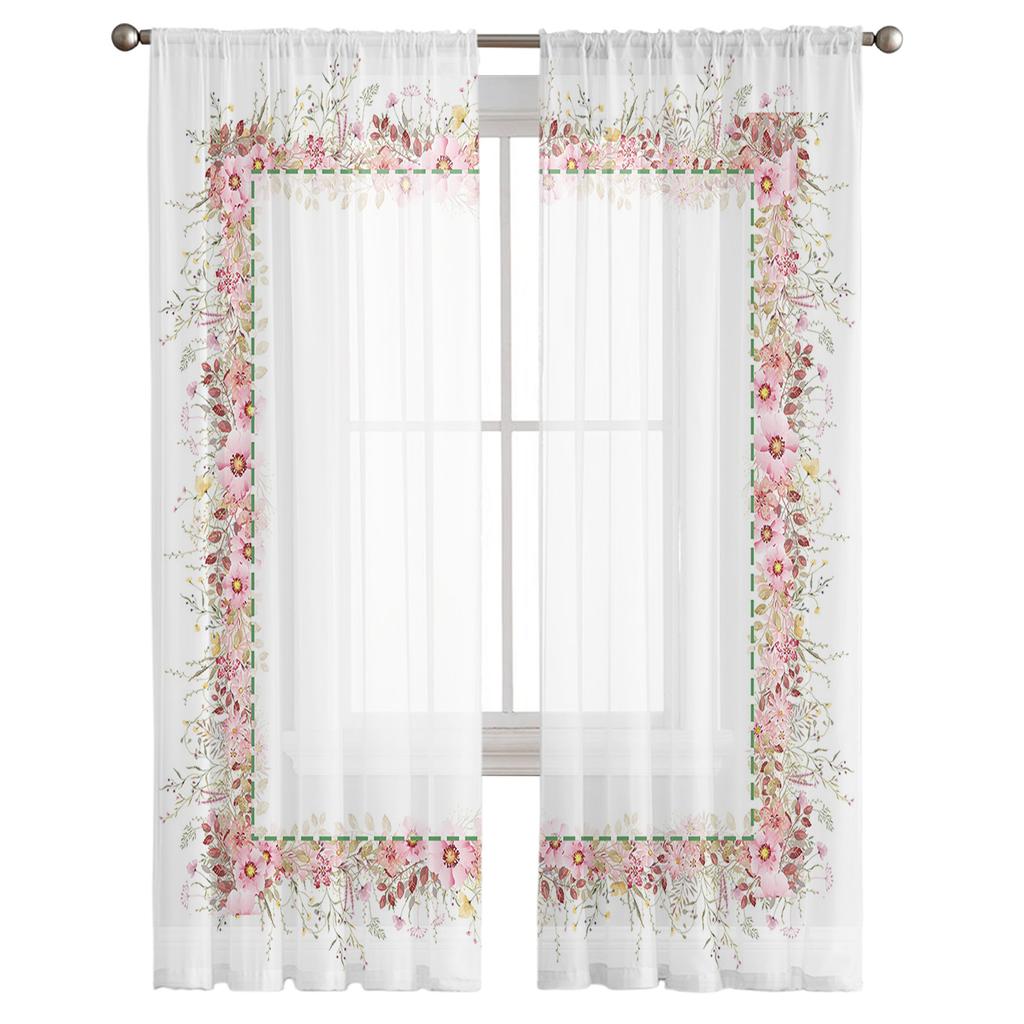 Spring Flower Eucalyptus Leaf Plant Sheer Voile Curtains For Living Room Bedroom Kids Room Decor Tulle Window Treatment Drapes