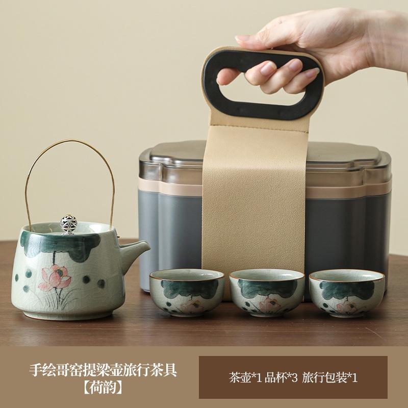Hand-Painted Teapot, One Pot, Three Cups, Ge Kiln Ice Crack Glaze, Ceramic Kung Fu Tea Set, High-End Travel Storage Gift Box