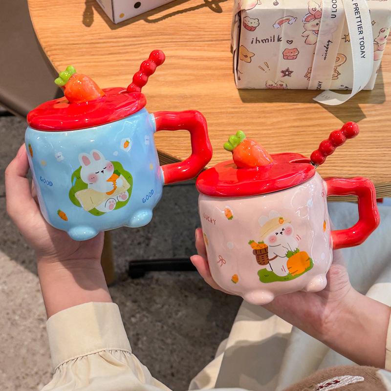 Cute and high-value radish rabbit ceramic cup with lid spoon girl couple mug for girlfriend birthday gift
