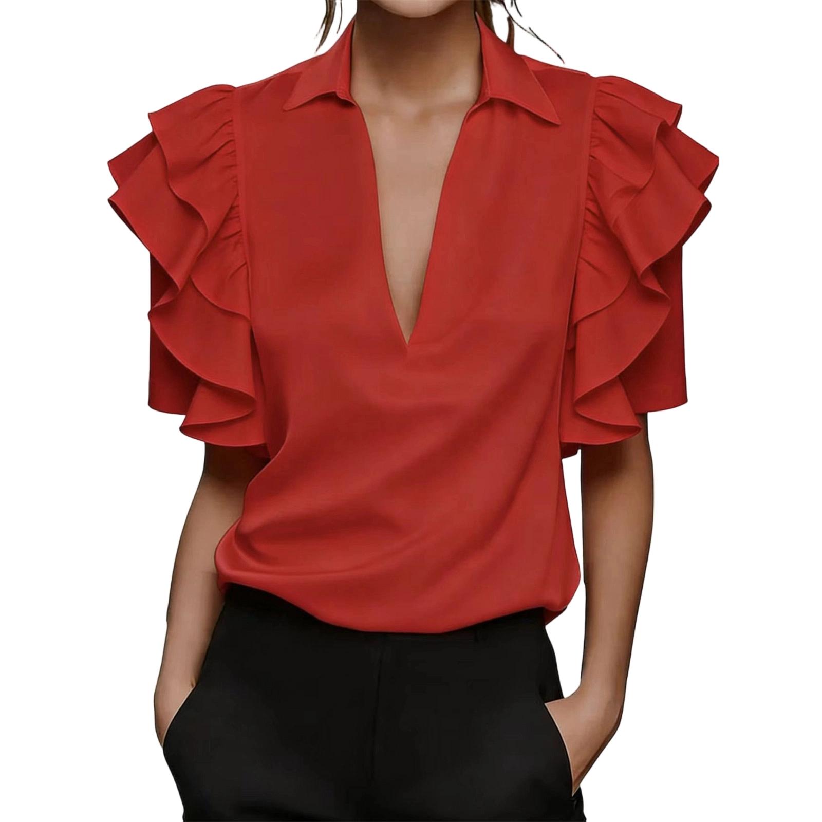 Womens V Neck Blouse Short Sleeve Top Ruffle Sleeve Shirt Lightweight Casual Office Wear Summer Fashion XL