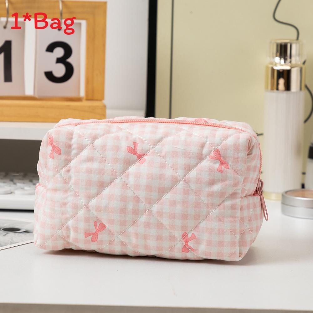 Korean Style Cotton Polyester Checkered Bow Makeup Bag With Zipper For Daily Use