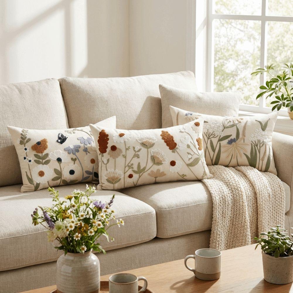 Square Tufted Throw Pillow Cover Pastoral Floral Throw Pillowcase Decorative Pillow Case  Couch