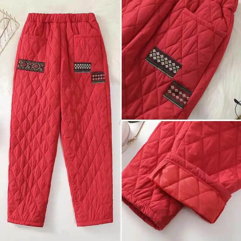 Kosočtvercové Imitace Prachového Peří Hedvábné Bavlněné Kalhoty Retro Záplata Harémové Kalhoty Ženy