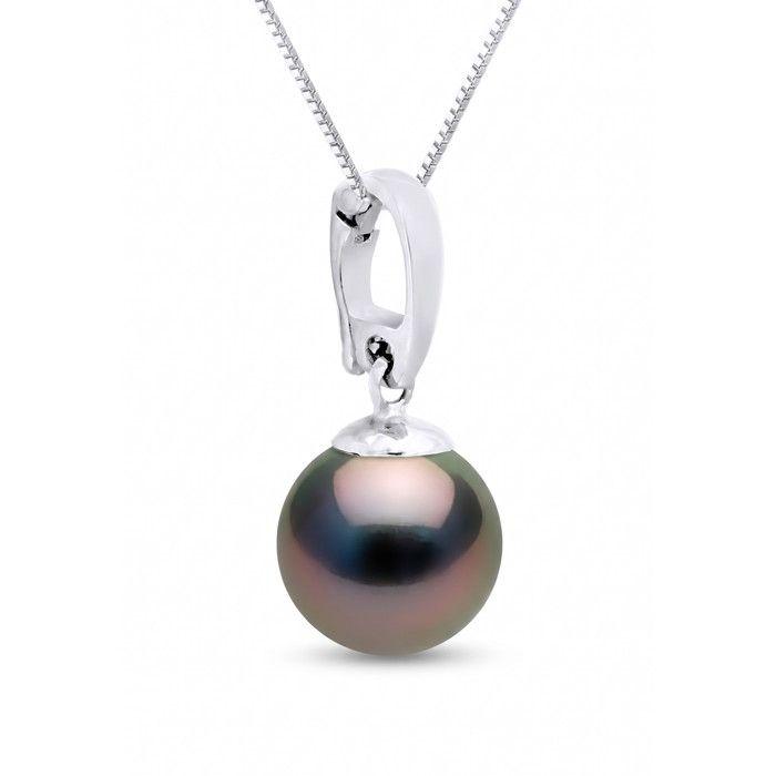 Pendentif - PEARLS &amp; COLORS - Perle de culture de Tahiti ronde - 10–11 mm - Or blanc 375/1000 (9 ct) - Qualité A+