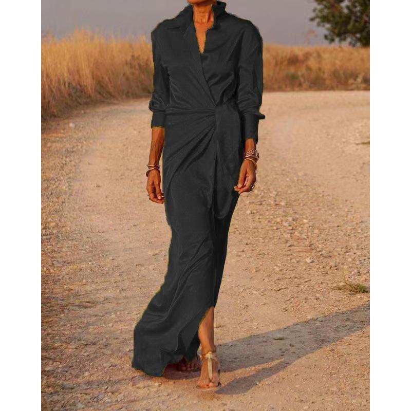 Autumn Women's Tie High Waist Split Drag Floor Long Sleeve Lapel Sexy Dresses