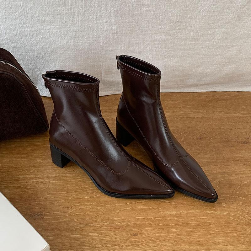 Fashion Female Pointed Toe Modern Women Ankle Boots With Zippers Shoes Square Heels Fashion Elastic Ladies Stretch Boots Shoes