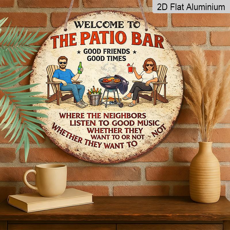 2D Flat, 1pc Round Aluminum Hanging Sign, "Welcome To The Patio Bar" Retro Metal Wall Plaque, Vintage BBQ & Friends Drinking Design, Ideal for