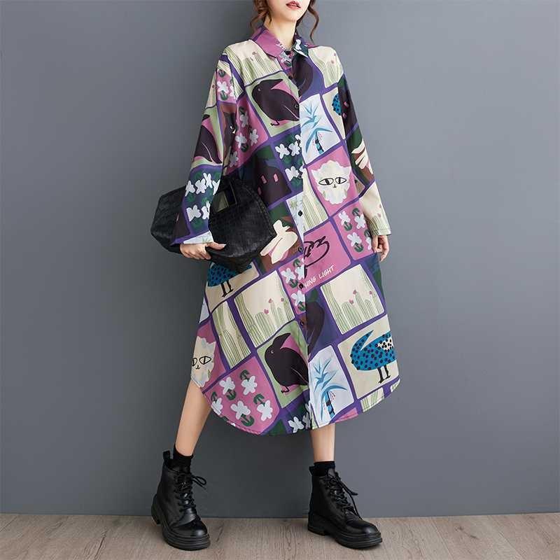 New Loose Large Size Oceanic Printing Mid-length Literary Retro Dresses
