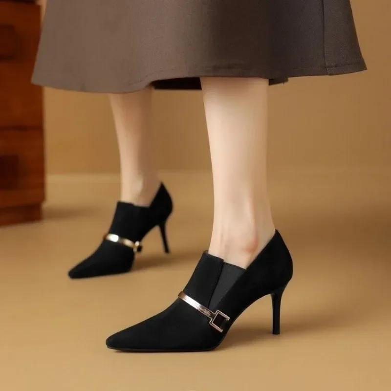 fashion Hot Sale Shoes for Women Women's High Heels Retro Dress Pumps Women Metal Decoration Pointed Toe Slip on Thin Heels Female Shoes