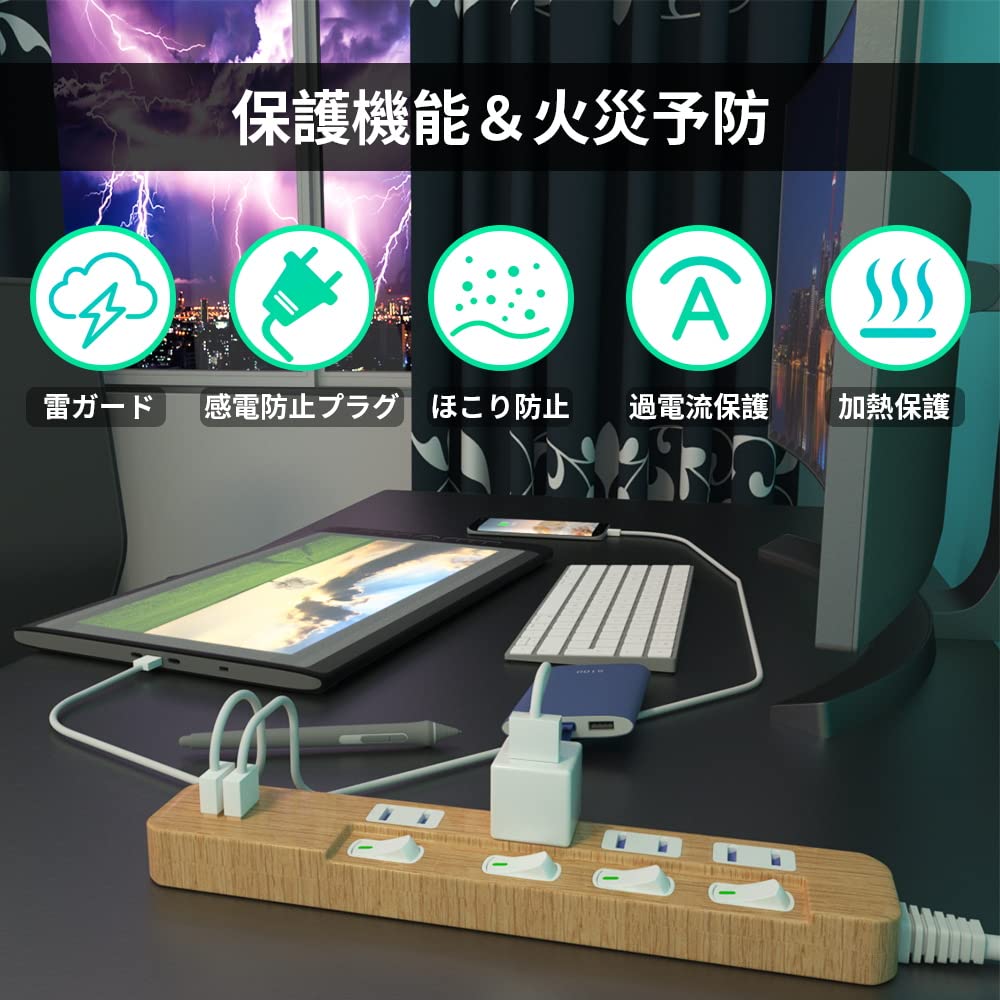 SAYBOUR Power Strip with 3.4A USB, PSE Certified, Lightning Protection, Energy Saving, Individual Switches, 4+2 (AC Outlets + USB Ports) (2m, Wood