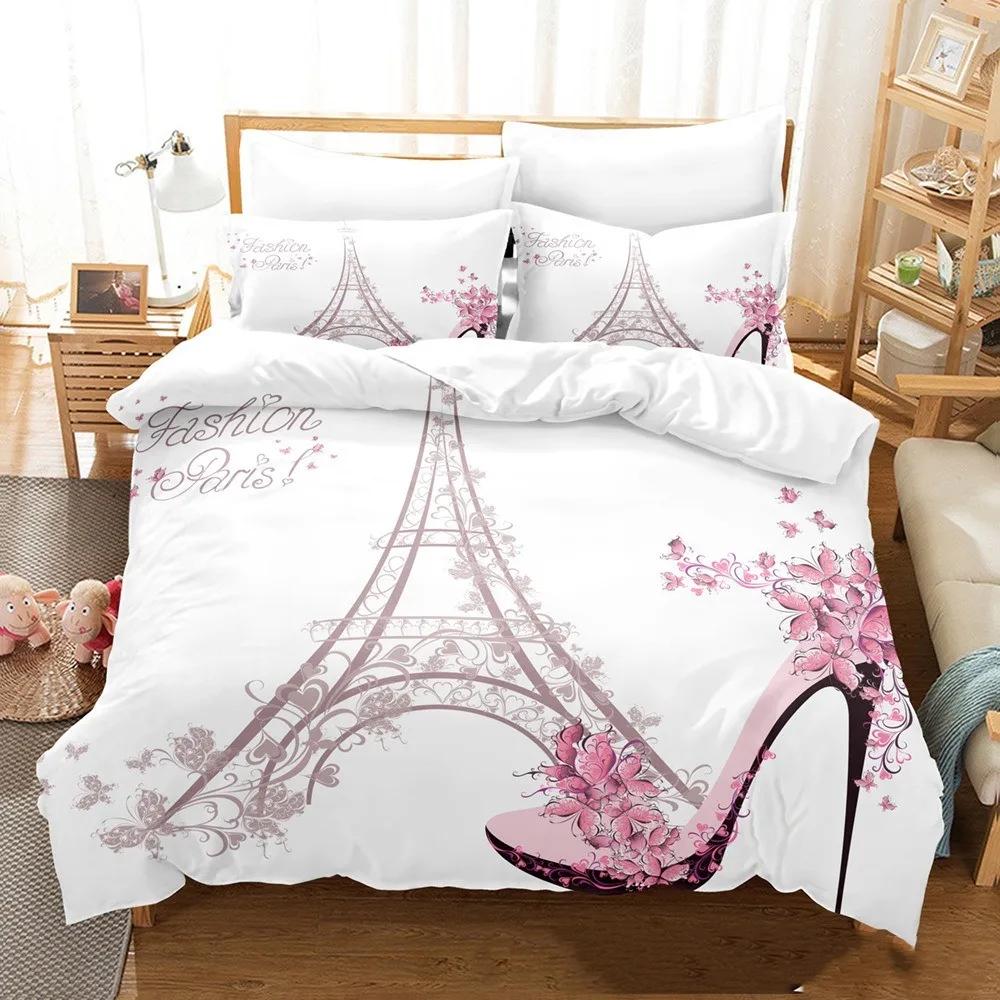King Comfortable Quilt Cover Set Beding Digital Printing Pink Love Paris Tower Luxurious Bed Linen Set 28*28 Including (duvet Cover+pilowcase