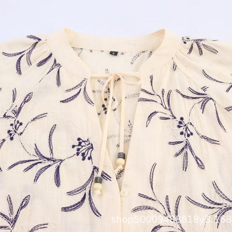 Womens Oversized Long Sleeve Shirt With Embroidered Vintage Wash Detail Lantern Round Neck Loose Fit Streetwear
