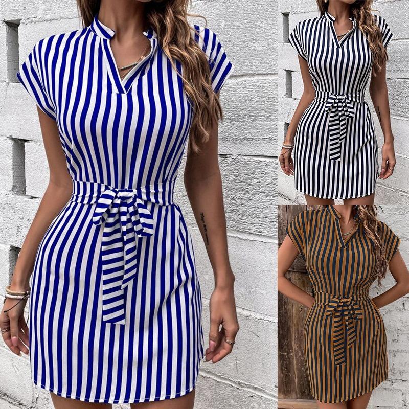 Spring Summer Women's Sleeveless Striped Lace Up Casual Dresses
