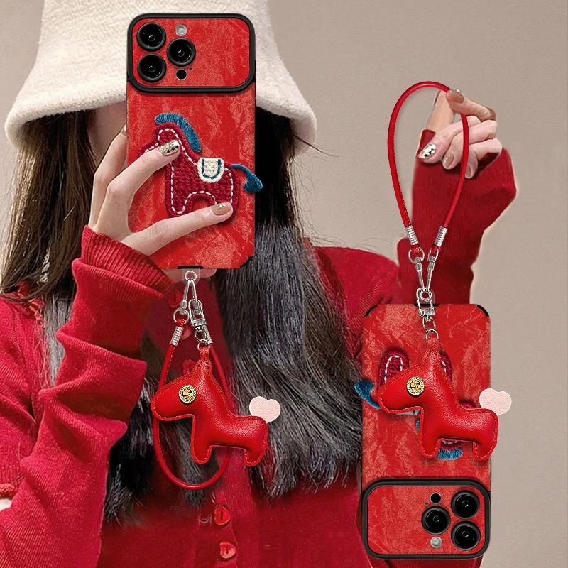Horse Year Luxury Case for 17 16 Pro Max Casing 15 16 14 Pro 13ProMax 12 11pro Max Phone Cases Red Leather Cover with Wrist Strap