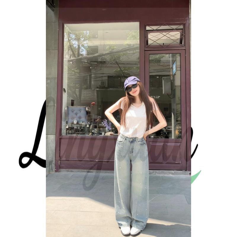 High-Waisted Rhinestone Beaded Women s Jeans - Straight, Loose, Slimming, Casual Wide-Leg Style S
