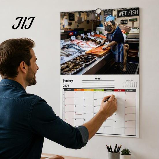 Home Study Room Decoration 2027 Pugs Working Wall Calendar, Funny Dog Hanging Office Organizer 12 Monthly Planner with Unique Illustrations for Decor