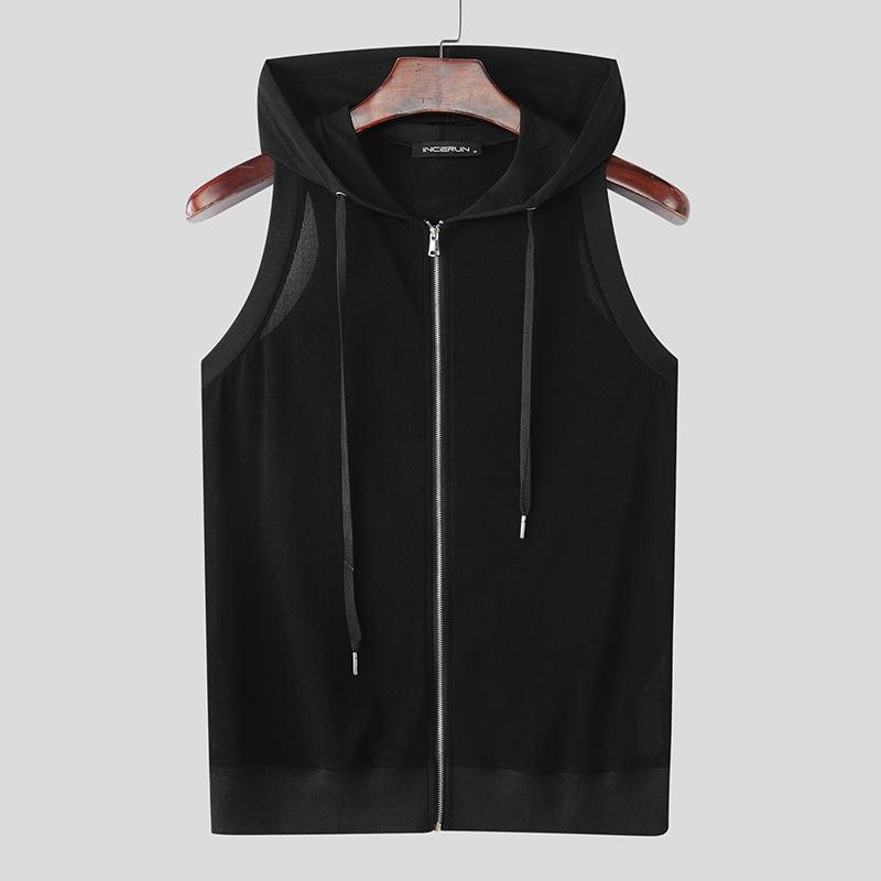 INCERUN Men Summer Sleeveless Zipper Back Mesh Patchwork Fitted Hooded Tank Tops 