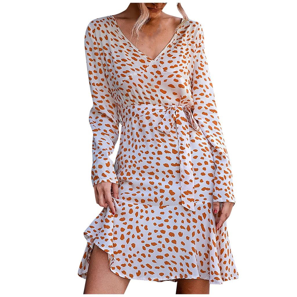 Women's Boho Polka Dot Print V-Neck Long Sleeve Dress