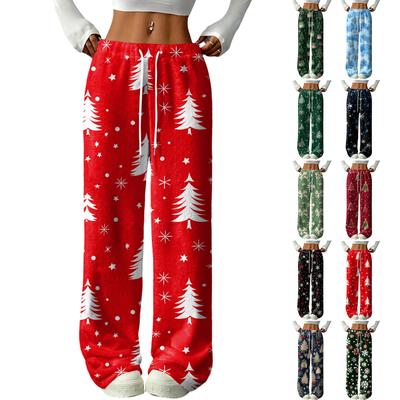 Calças Casuais Femininas da Moda Estampadas com Cintura Elástica, Soltas e de Perna Reta com Cordão
