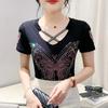 Haut Femme Sexy de Haute Qualité avec Design Croisé en V Débardeur Brillant Papillon Diamants Chauds Été Marque Féminine Élastique Slim T-shirts en Maille