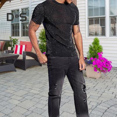 Men Club Top See-through Sequin Mesh Round Neck Short Sleeves Stretchy Thin T-shirt Muscular Men Party Performance T-shirt