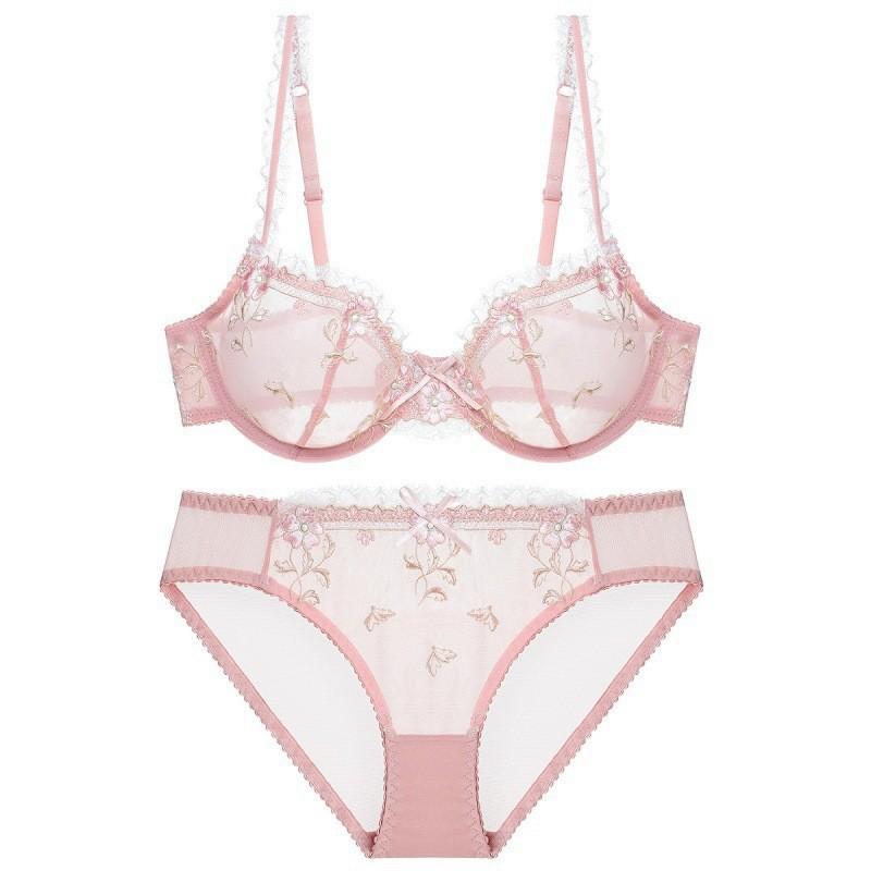 French Ultra-thin Embroidered Lace Underwear Women's Sexy Perspective Temptation Bra Big Chest Small Top Support Bra Set