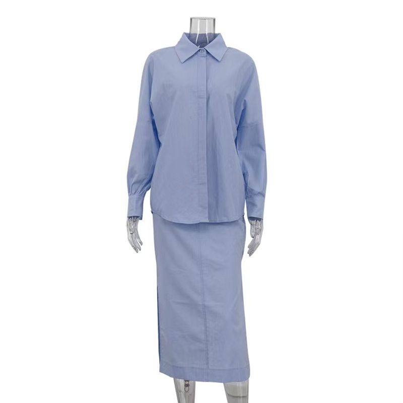 

Мода Ветер Новое поступление Мода Темперамент Рубашка Юбка с разрезом Костюм Рубашка и Юбка Костюмный набор Blue L