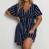 Bohemian Striped Casual Dress for Plus Size Women V Neck Short Sleeve Loose Waist
