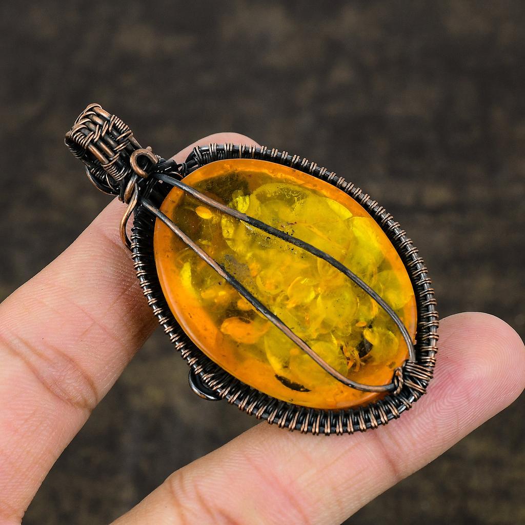 Pierre Précieuse Ambre Baltique Naturel Pendentif Fait Main avec Fil de Cuivre Enveloppé 2.68 R1y64
