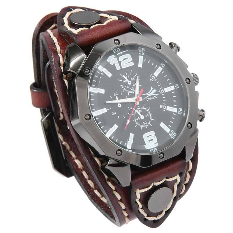 Handmade Punk Style Vintage Cowhide Leather Wide Strap Men S Large Dial Quartz Watch