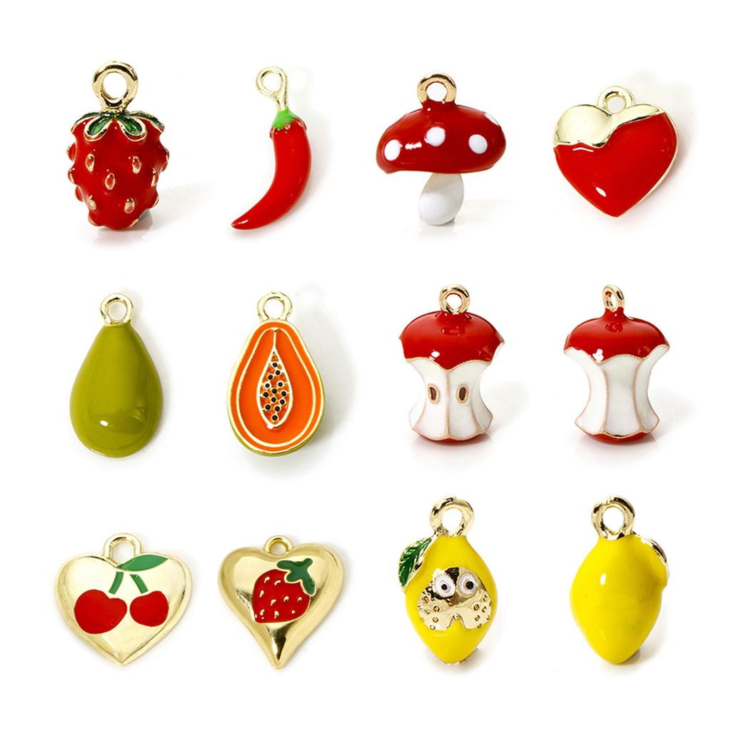 2PCs Brass Charms 18K Gold Plated Fruit Enamel Strawberry Apple Lemon Mushroom Pendants For DIY Necklace Bracelet Jewelry Making