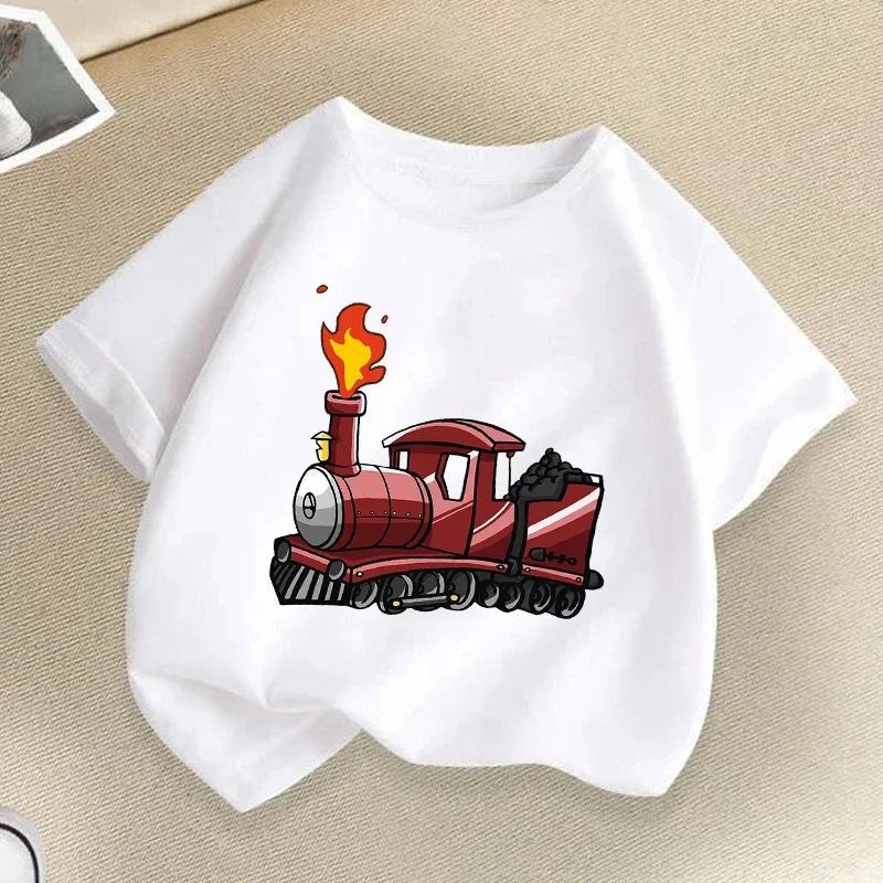 Zug Grafikdruck Kinder T-Shirts Sommer Jungen Mädchen Lustig Lässig Niedlich Weiß T-Shirts Kinder Rundhals Kurzarm T-Shirts