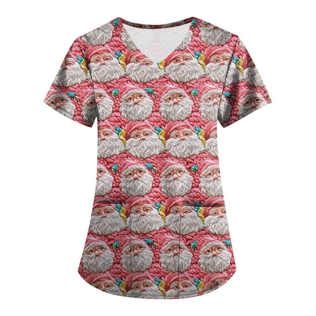 Plus SizePrinted Scrub Working Uniform Tops For Women's Cross V-Neck Print Short Sleeve Fun T-Shirts Workwear Tee With Pockets