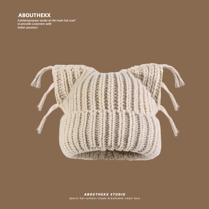 Korean style Cat ear Tassel Hats Women's Autumn and Winter Woolen Hats Outdoor Warm Cold Hats Versatile and Cute Knitted Hats for Students