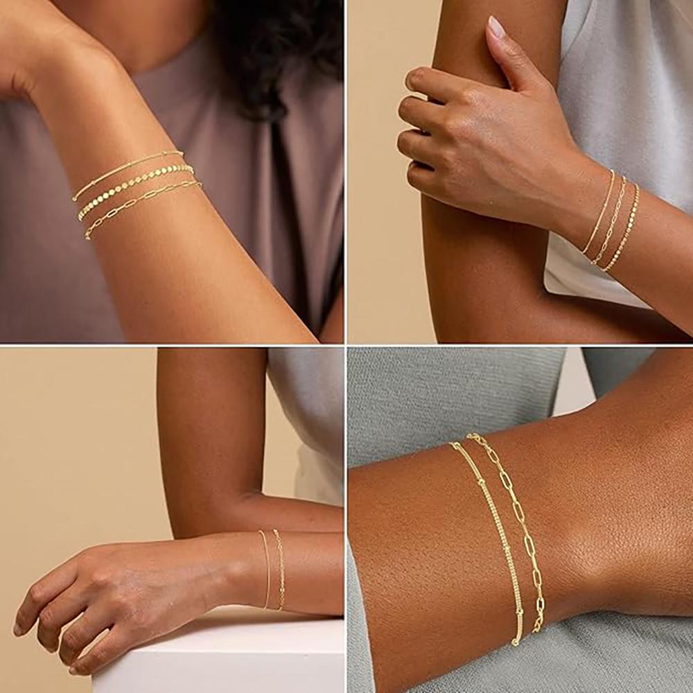 14K Gold Plated Bracelet Set for Women, Dainty Stackable Paperclip & Beaded Chains, Trendy & Waterproof Gift